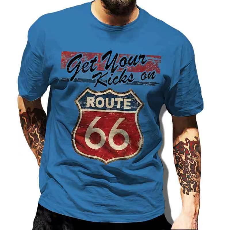 Summer T-Shirts for Men Short Sleeved Vintage Clothes Route 66 Graphic Top Casual O Neck Tee Oversized 3D Print T Shirt Pullover