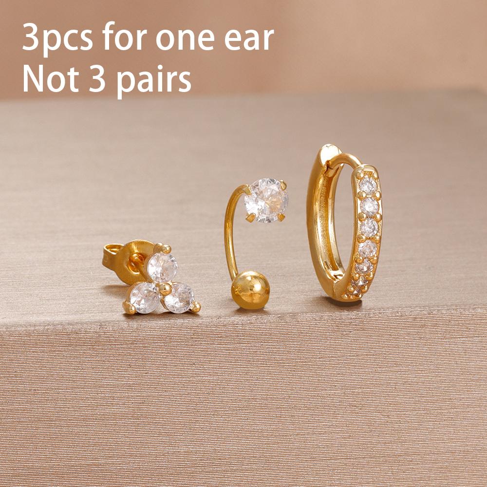 3 Pieces Stainless Steel Hoop Earrings Set For Women Crystal Zircon Huggie Flower Water Drop Trendy Earring Piercing Jewelry