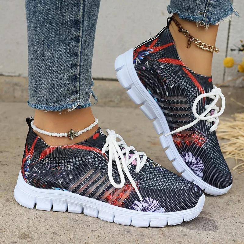 Модные женские кроссовки с принтом и вязанием, осенние новые дышащие сетчатые кроссовки для бега, женские повседневные туфли на плоской подошве, без застежек 20