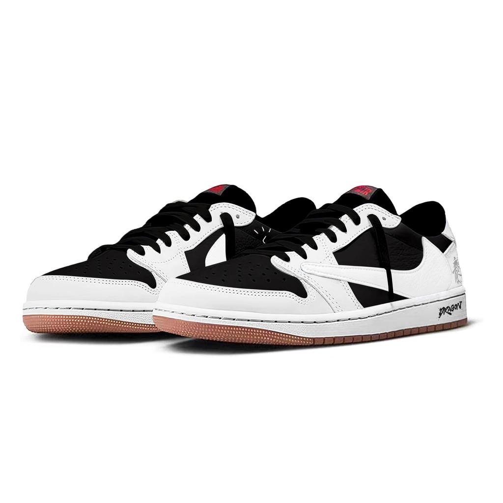 Jordan x Travis Scott Air Jordan 1 Qinglong Hook Slip Resistant Low top Vintage Basketball Shoes Women's White Black DZ4137-700(Team2042-  )