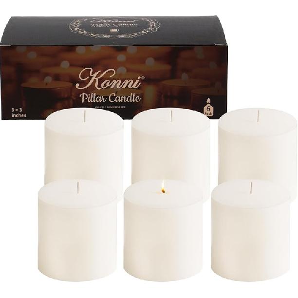 KONNI White Pillar Candles Set of 6, 3"x 3" Unscented Pillar Candles Bulk, 30 Hours Long Burning Candles, Smokeless&Dripless Large Round Candle for