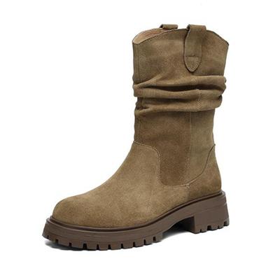 Коровья замша нубук зимние ботинки вестерн с круглым носком на среднем каблуке с плиссированной отделкой женские ботинки до середины икры в британском школьном стиле