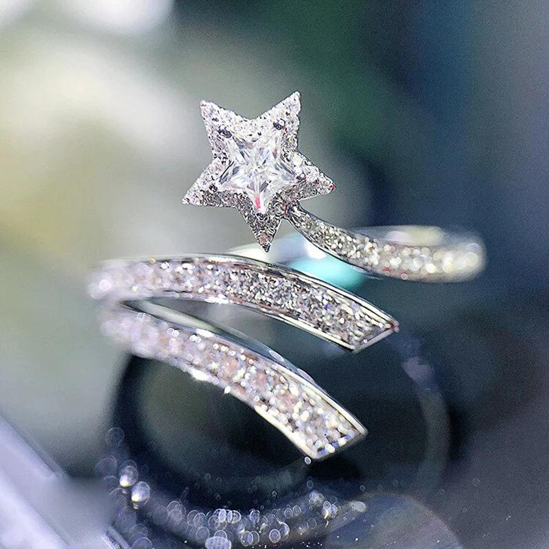 Huitan Delicate Shining Star Ring Female Fashion Engagement Party Accessories Luxury Bright CZ Wedding Band Statement Jewelry