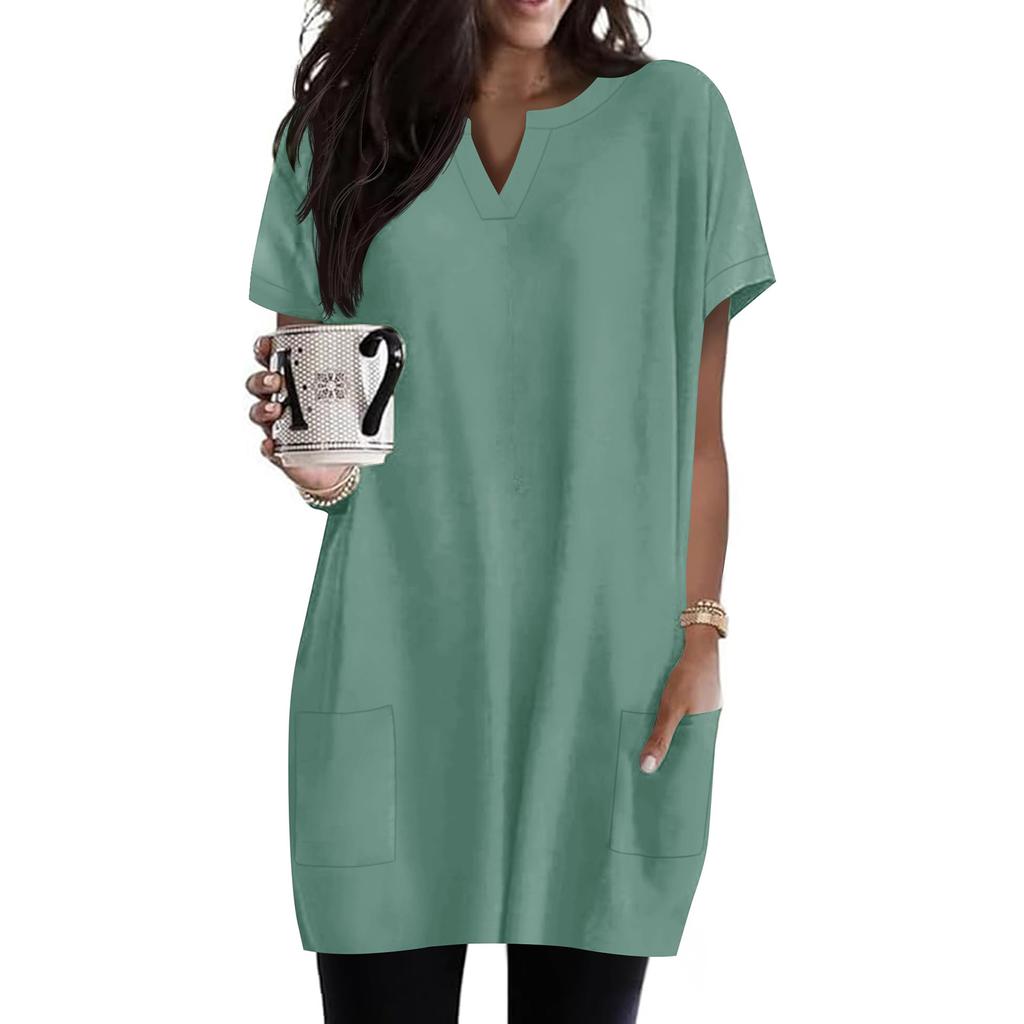 Женские Топы V-образный вырез Короткий рукав Блузки Повседневные Средней длины Рубашки Модный Принт Туники с Карманами