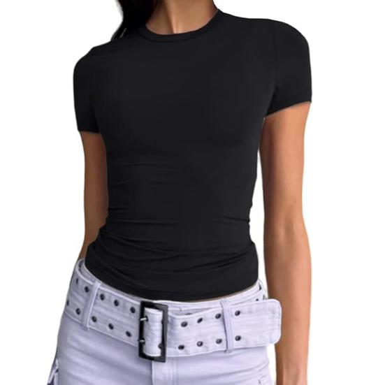 Женская футболка с круглым вырезом и коротким рукавом, однотонная футболка, облегающий летний пуловер, топы, повседневная одежда для работы