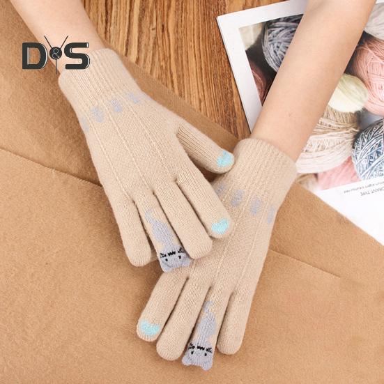 1 пара женских зимних перчаток из жаккарда, утолщенные, вязаные, с пятью пальцами, с сенсорным экраном, с рисунком мультяшного кота, противоскользящие, для холодной погоды, для вождения, гольфа, катания на лыжах