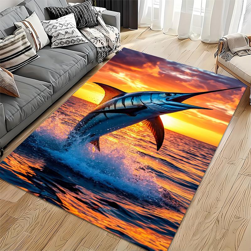 Fishing Area Rug, Blue Marlin Sailfish Jumping Sunset Ocean Print, Angler Coastal Cabin Decor, Non-Slip Floor Carpet