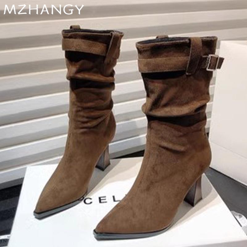 Модные женские ботильоны с острым носком, замшевые туфли на высоком каблуке, женская обувь 2025 года, зимнее элегантное платье, новые туфли-лодочки, ботинки челси, женские ботинки