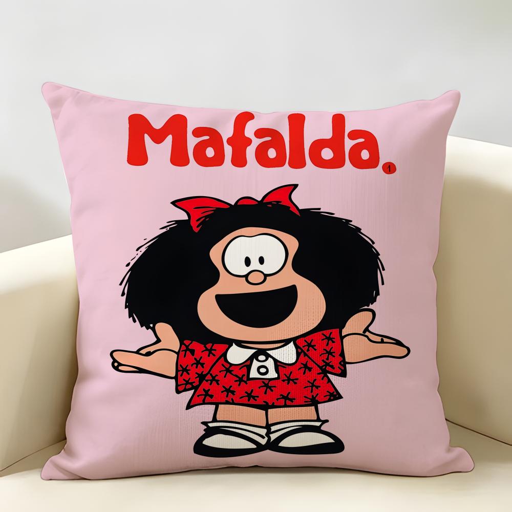 MMafalda Cartoon Cute Cushion Cover Natural Linen Organic Fabric DoubleSided Printing Room Sofa Decor Pillow Case