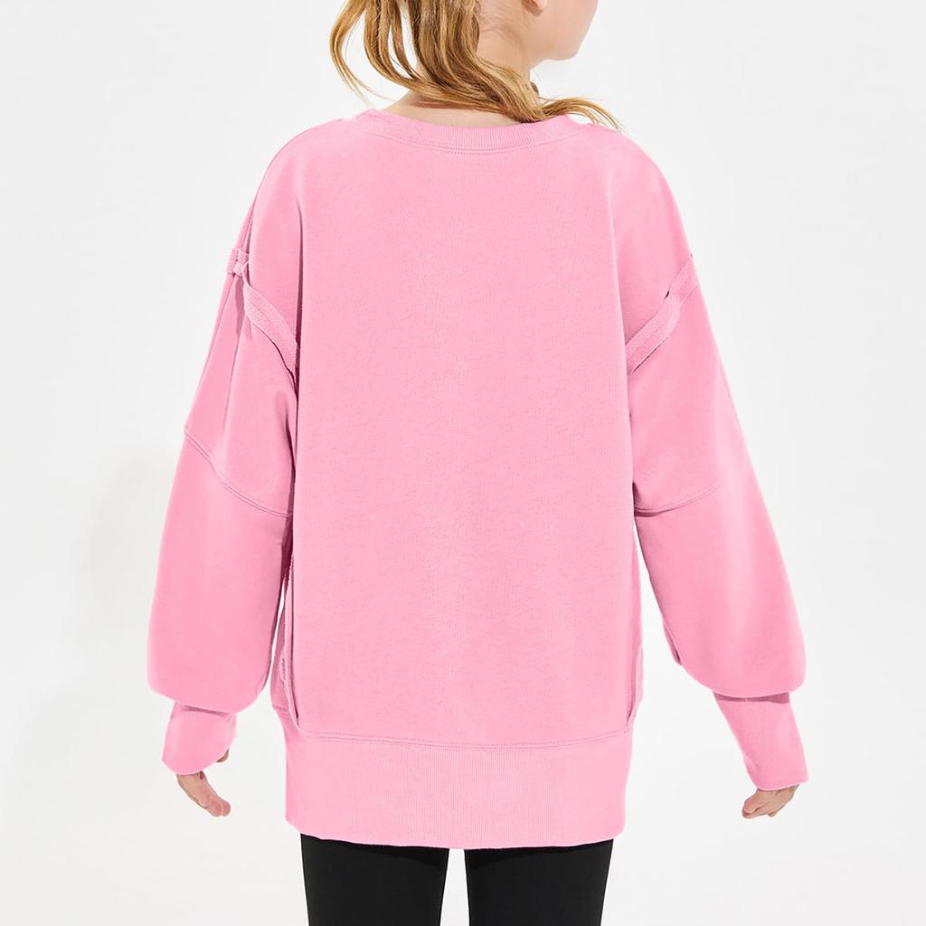 Children's Oversized Pullover Sweatshirt Girls' Round Neck Split-Front Solid Color Hoodie