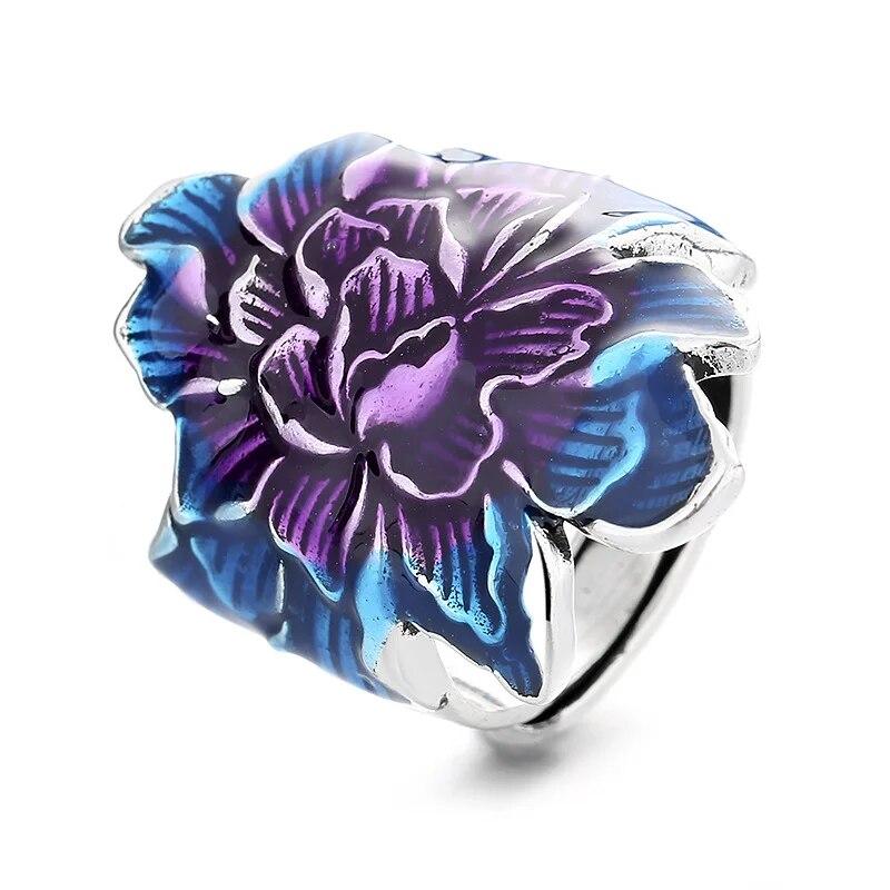 Винтажное эмалированное кольцо в этническом стиле с синим пионом и цветком, регулируемое кольцо для женщин, модное цветочное роскошное ювелирное изделие для вечеринки и отдыха, подарки