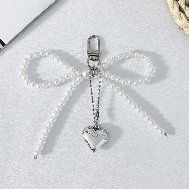 Брелок для ключей Ins Style Bowknot с бусинами, трехмерное серебряное сердце, кулон для телефона, чехол для наушников, подвеска, сумка, украшение, автомобильный брелок для ключей