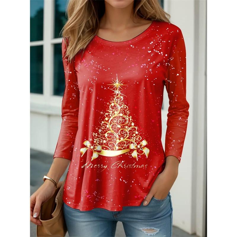 Летний топ с круглым вырезом и 3D рождественским принтом, модные и повседневные женские футболки с длинными рукавами
