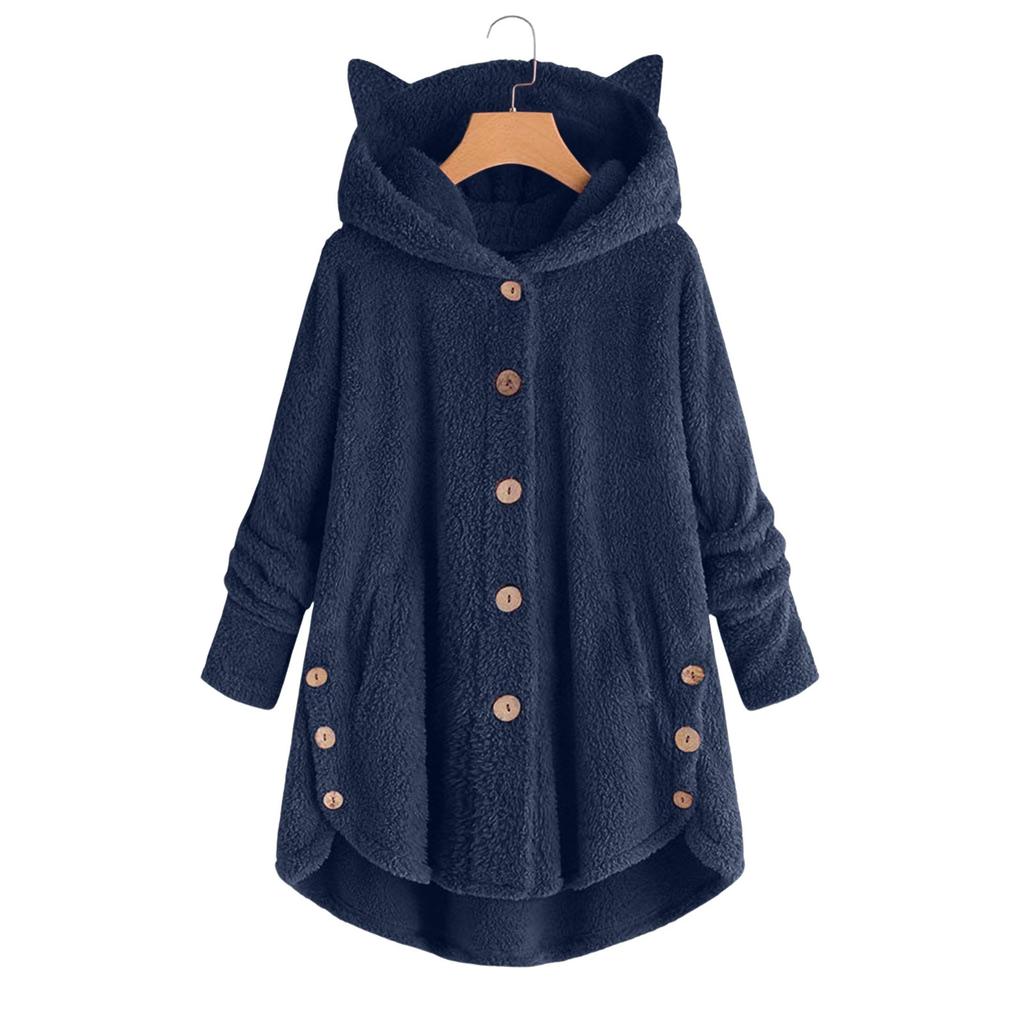 Women's Loose Plush Solid Color Single Breasted Pocket Hood Zipper Jacket