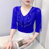 New Women's Clothes T-shirt Sexy V-Neck Hot Diamonds Tops Shirts Summer Girl Slim Mesh Half Sleeve Tees Blouse
