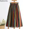 Japanese Mori Girl Women Midi Colorful Skirt High Waist Striped A-Line Skirt Cotton Linen Vintage Elegant Ladies Casual Skirt