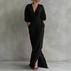 Women S V Neck Solid Color Waist Tied Long Dress Casual Home Wear