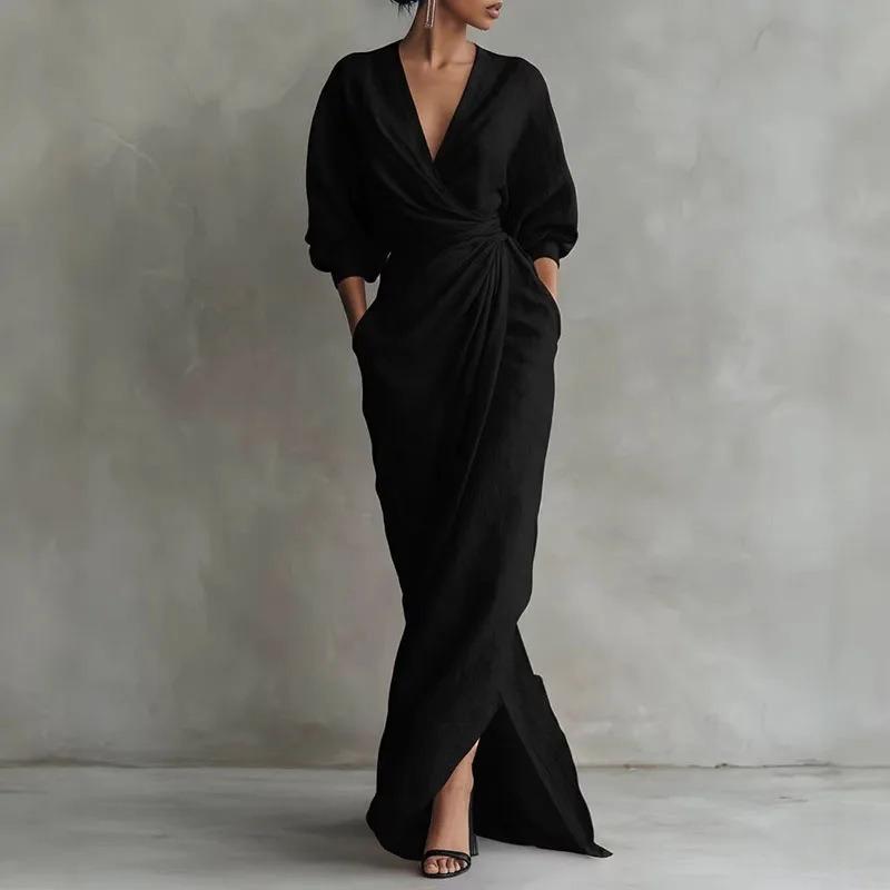 Women S V Neck Solid Color Waist Tied Long Dress Casual Home Wear