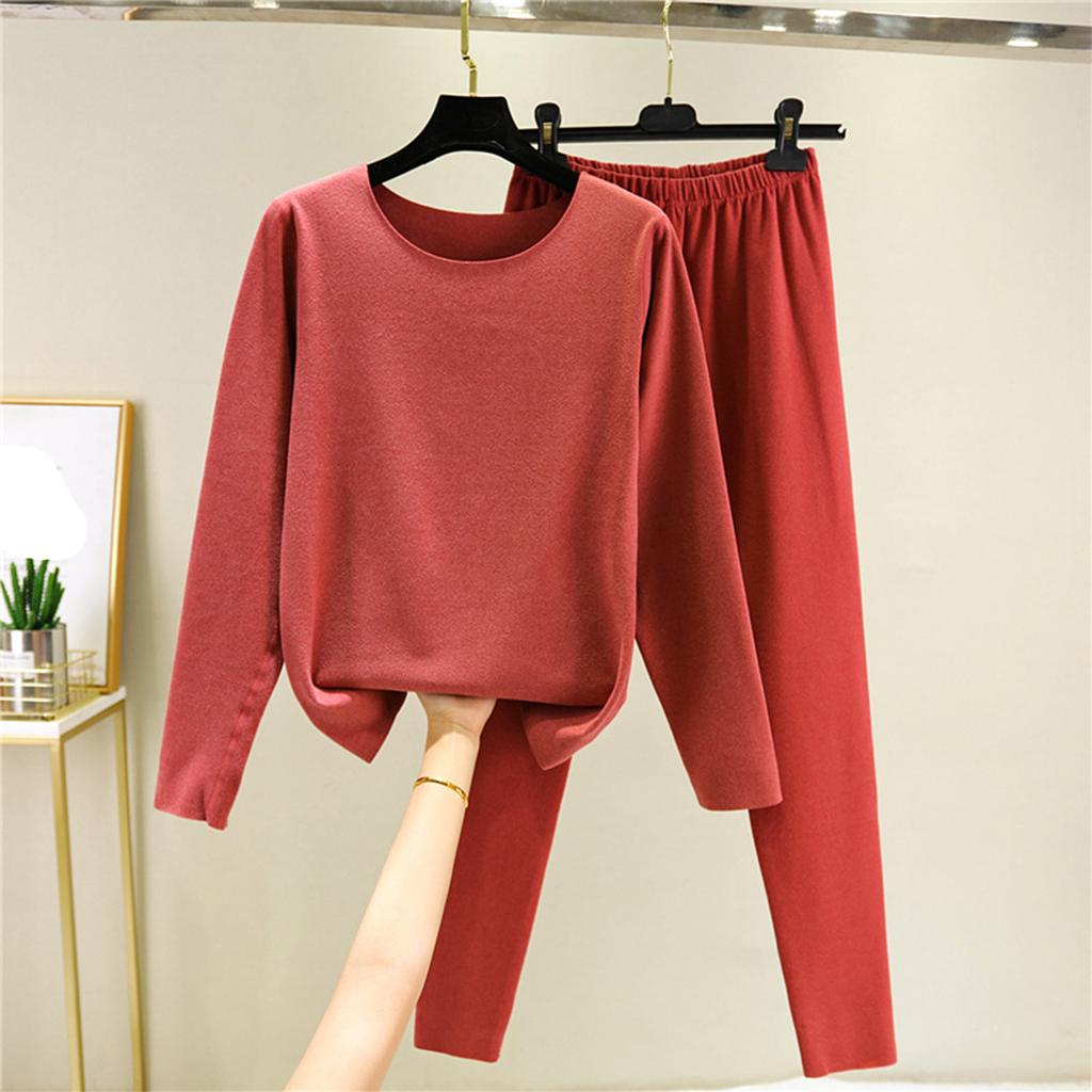 Ladies' Casual And Comfortable Long Sleeved Solid Color With Thick Velvet Sleepwear And Warm Pants Set