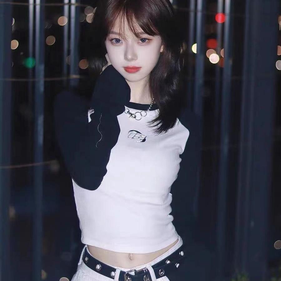 Укороченный топ в стиле гранж в стиле пэчворк, винтажная ребристая футболка с длинными рукавами, корейская модная сексуальная тонкая футболка, уличная одежда 90-х годов, японская