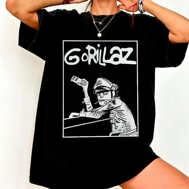 Gorillaz Винтажный Портрет Группы Графическая Футболка Оверсайз Черная Хип-Хоп Рок Уличная Одежда Унисекс Футболки