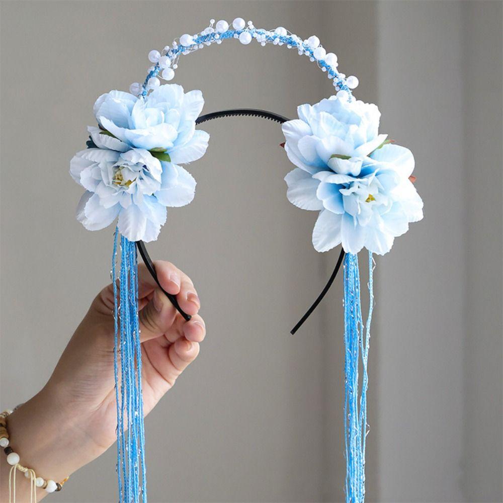 Ободок для волос с кисточками из бусин и перьев, аксессуары для волос для ханьфу, милая повязка на голову с цветами, для девочек