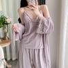 Women's Ice Silk Three-Piece Pajama Set - Lace Camisole, Long Pants, Robe - Sexy Spring/Summer Homewear