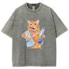 Funny Cat Design Print Washed T-Shirt Cooton Womens Summer O-Neck Oversized Tops Designer Trendy Casual Street Clothes