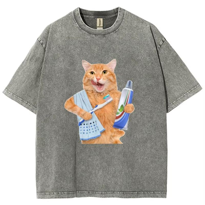 Funny Cat Design Print Washed T-Shirt Cooton Womens Summer O-Neck Oversized Tops Designer Trendy Casual Street Clothes