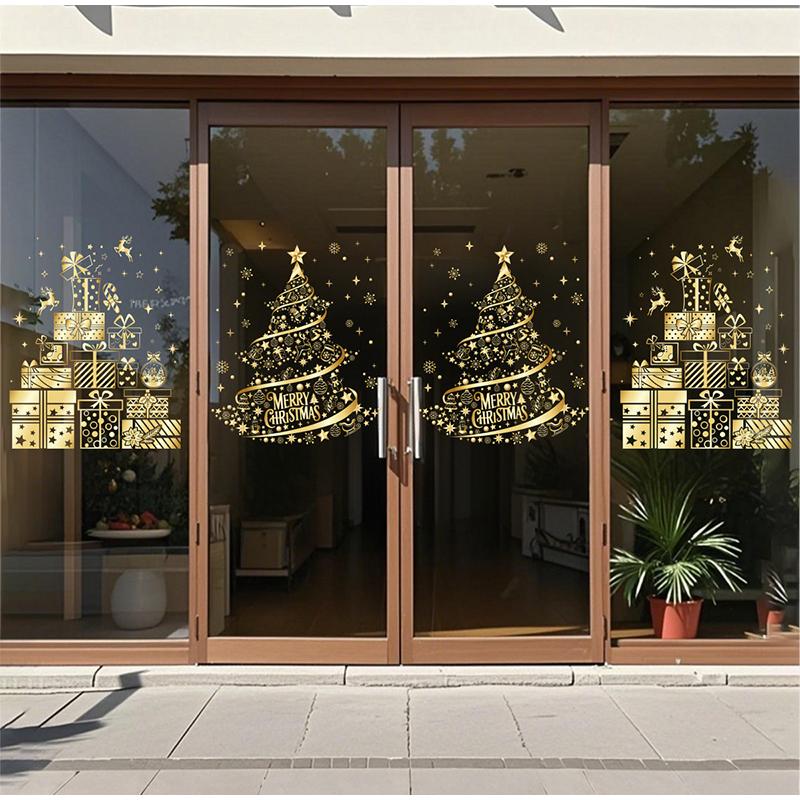 Christmas Sticker Gold PVC Double-sided Printed Static Window Sticker Christmas Decorations Atmosphere Glass Sticker New Year