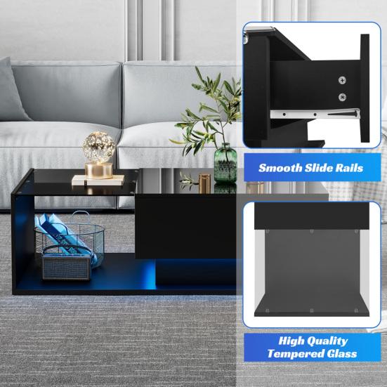 High-Gloss Black Coffee Table 100x50x32cm, with Glass Top And Drawers, Scratch-Resistant, with 1 Drawer, LED Light, Modern