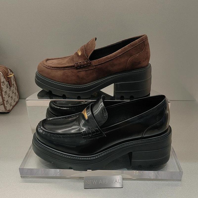 Cowhide Version~ British Style Round Head Single Shoes Thick Heel Thick Sole Loafer Small Leather Shoes Women Lazy One Pedal Doudou Shoes Women