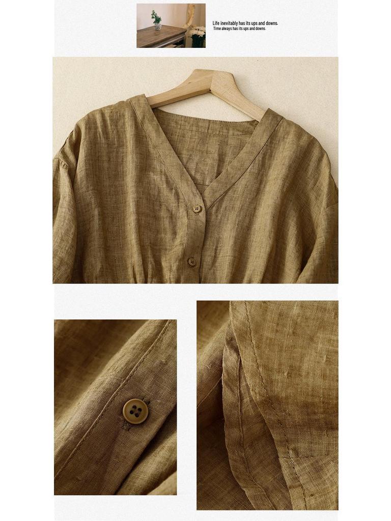 Женский топ из хлопка и льна с V-образным вырезом и приталенным силуэтом на весну/лето 2025 года - Свободный, стройнящий, универсальный, рубашка с рукавом пять четвертей