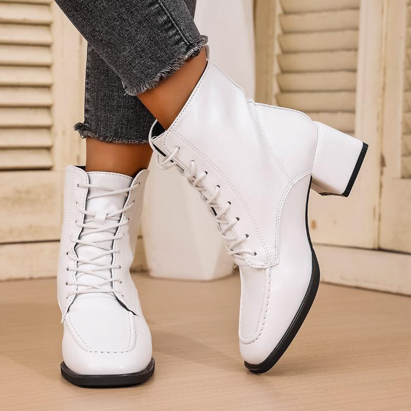 Spliced Front Lace-Up Single Boots Women'S Fashion Square Toe Anti-Slip Wear-Resistant Block Heel Shoe