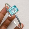 Aquamarine Bangle Bracelet, 925 Silver Handmade Rectangular Gemstone Jewelry, Adjustable Minimalist Cuff Jewelry