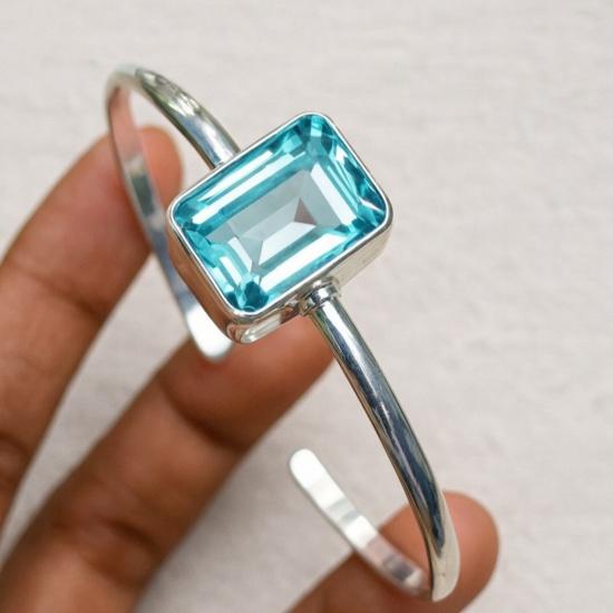 Aquamarine Bangle Bracelet, 925 Silver Handmade Rectangular Gemstone Jewelry, Adjustable Minimalist Cuff Jewelry