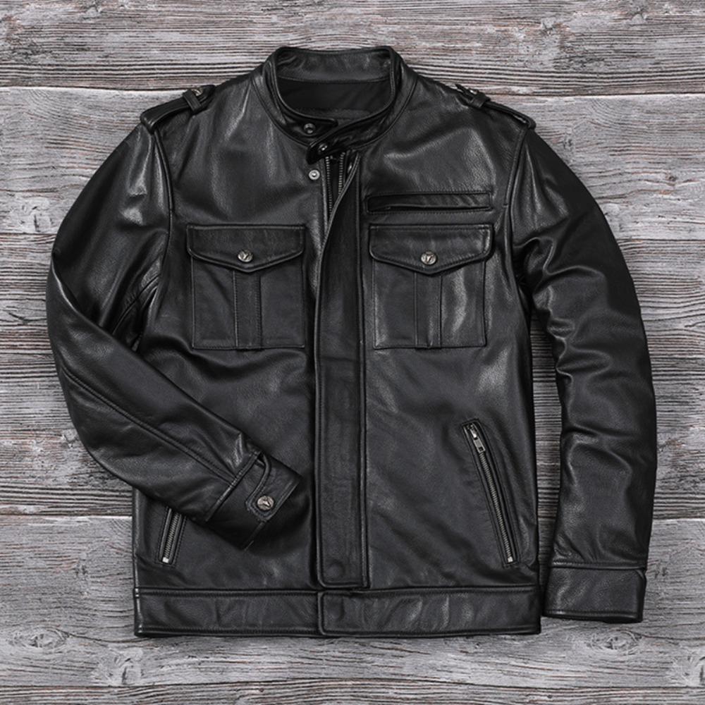 Китайский размер Мужская кожаная куртка Стиль Натуральная коровья кожа Пальто Мягкий приталенный крой Весна