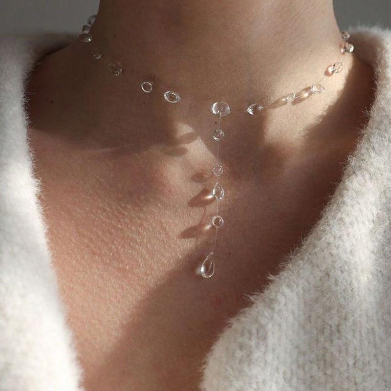 New Fashion Minimalist Transparent Crystal Dewdrop Earrings Niche High-End Unique And Versatile Clavicle Chain