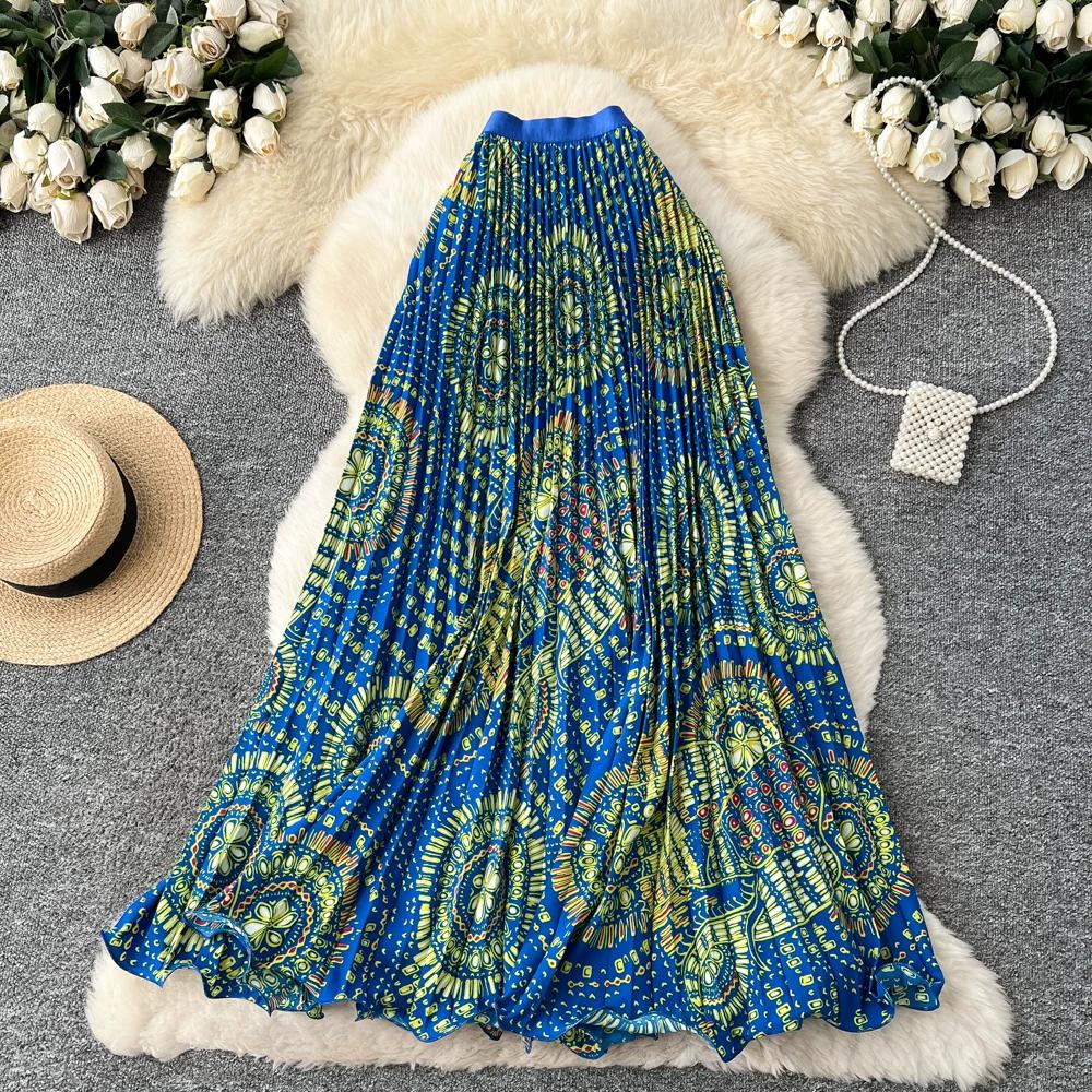 Весна Лето Женская Элегантная Юбка Макси с Принтом, Эластичной Талией и Плиссировкой для Пляжного Отдыха, Только Один Размер
