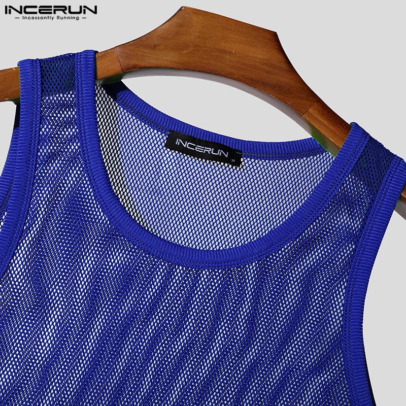 INCERUN Men Round Neck Sleeveless Mesh Sheer See Through Party Tank Tops T-shirts