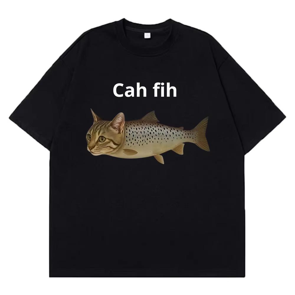 Футболка Cah Fih T-Shirt Fih Смешной Неправильно Написанный Мем Рыба Футболка Кот и Рыба Графический Юмор Футболка Повседневная Одежда С Коротким Рукавом Графическая Y2K