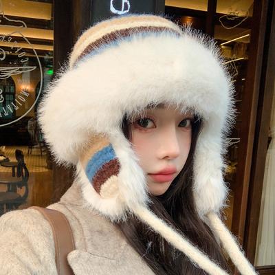Шапка Женская Пушистая Полосатая Осенне-Зимняя Шапка Рыбака Зимняя Теплая Шапка с Защитой Ушей Северо-Восточная Большой Окружности Головы Вязаная Шерстяная Шапка