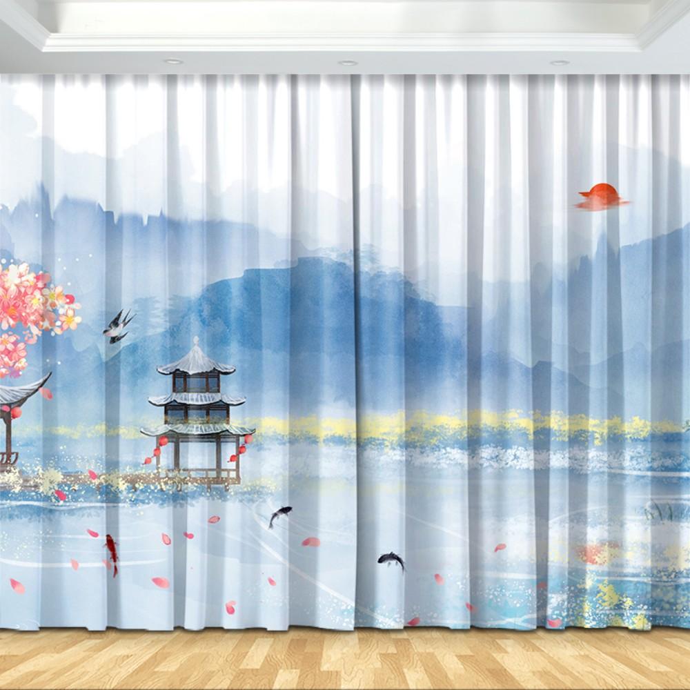 Новая китайская занавеска Японский пейзаж Полутеневая занавеска Печатный крючок для штор Спальня Гостиная Кухня Пол Окно Занавеска