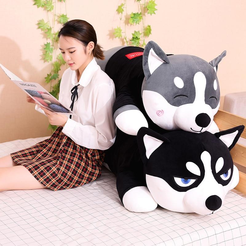 Funny Dressed Husky Pillow Stuffed Doll Stripe Sweater Soft Husky Lying Plush Toy Charming Dog Animals Kids Birthday Gift