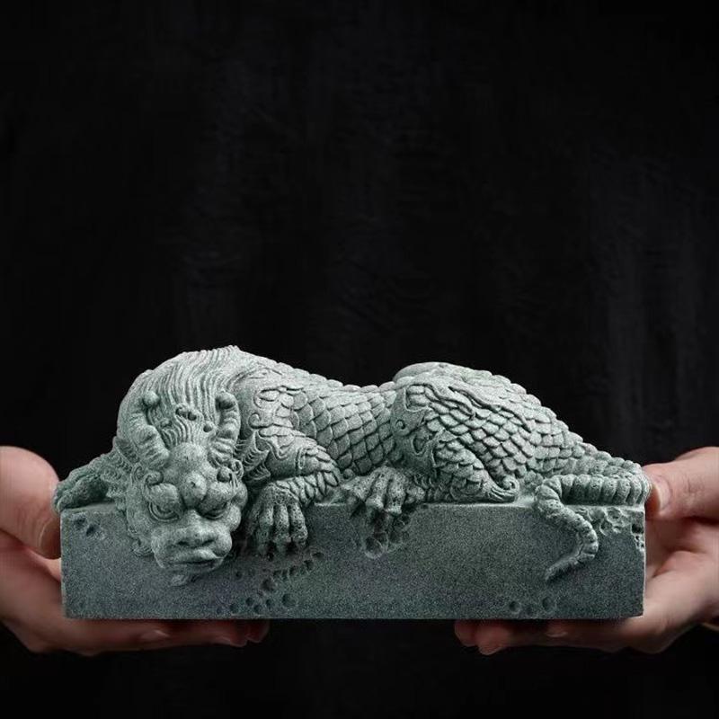 Китайский талисман Пан Дракон Колонна Декоративная статуя Скульптура из зеленого песчаника Дом Гостиная, Комната Офис Статуя Фэн-шуй