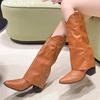 Модные массивные женские ботфорты до колена на среднем каблуке, модные кожаные туфли с острым носком, тренд зимы 2024, готическая женская обувь, зимние ботинки челси для снега