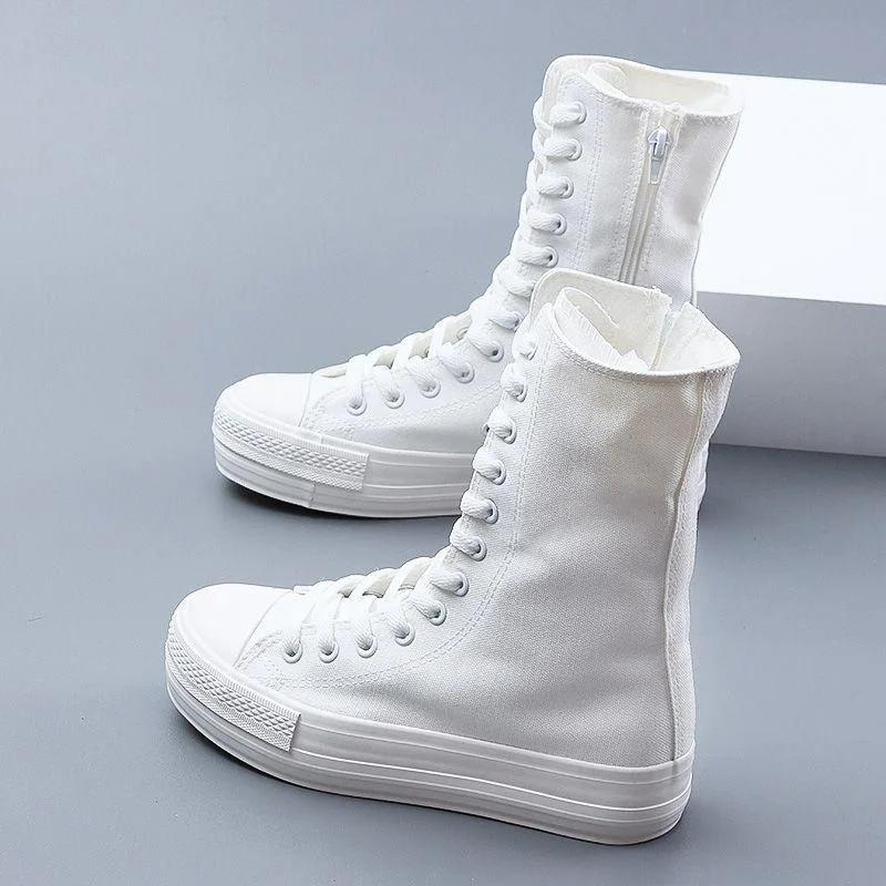 Женская обувь Модные высокие кеды Ботинки из парусины Осень Удобные танцевальные туфли для женщин Белые повседневные кроссовки Женские ботинки до середины икры