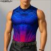 Summer Men Mockneck Sleeveless 3D Print Casual Fitted Tank Tops