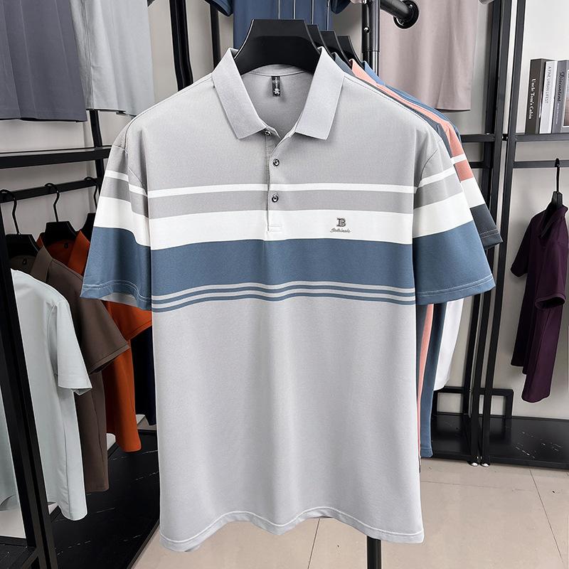 Футболка мужская тяжелая и тонкая вышивка с прямым воротником-лацканом и короткими рукавами в деловом стиле с простым и красивым низом