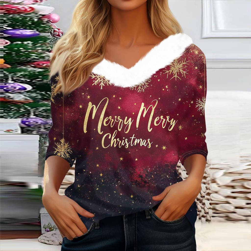 Рубашки с рукавом 3/4 для женщин, рождественские футболки с графическим принтом, блузки, повседневные базовые топы на пуговицах больших размеров, пуловеры